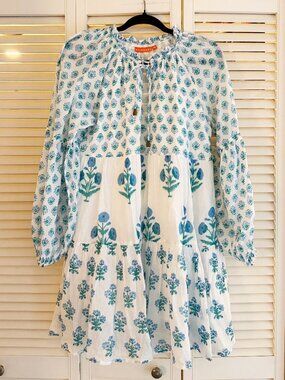 Oliphant White Dress with Blue and Green Floral Print